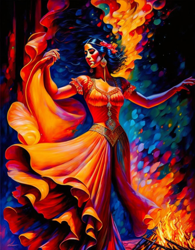 Colorful Flamenco Dancer Painting with Orange Dress