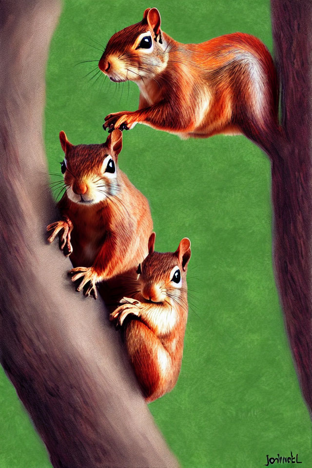 Three animated squirrels on a tree branch with vibrant orange fur and cute expressions.