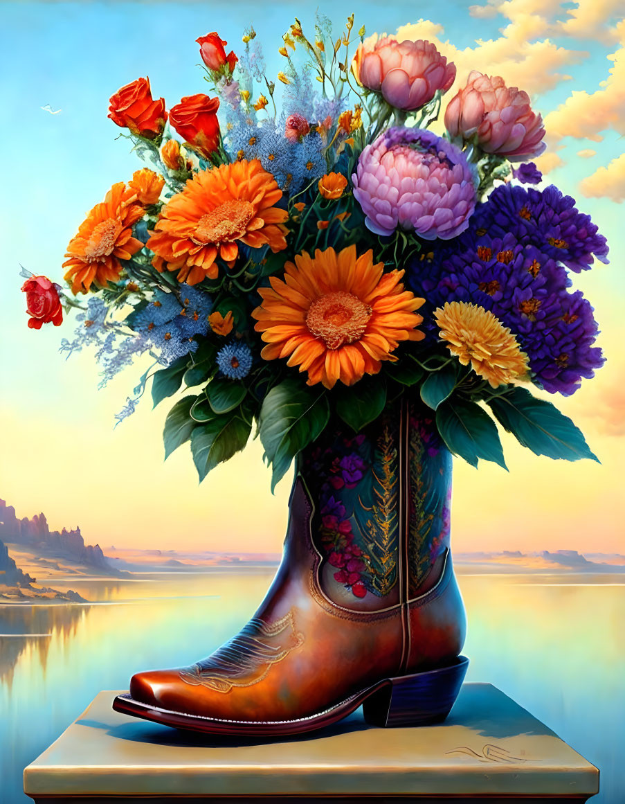 Colorful Flower Bouquet in Cowboy Boot Vase Lakeside Sunset Scene