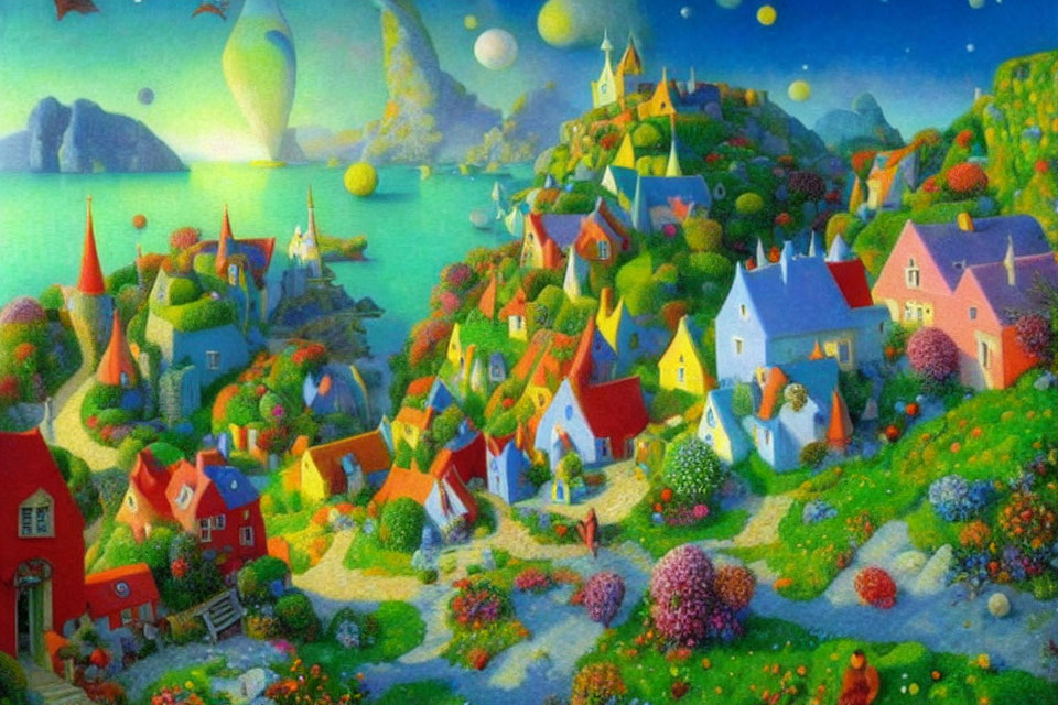 Colorful Fantasy Landscape with Whimsical Houses and Hot Air Balloon