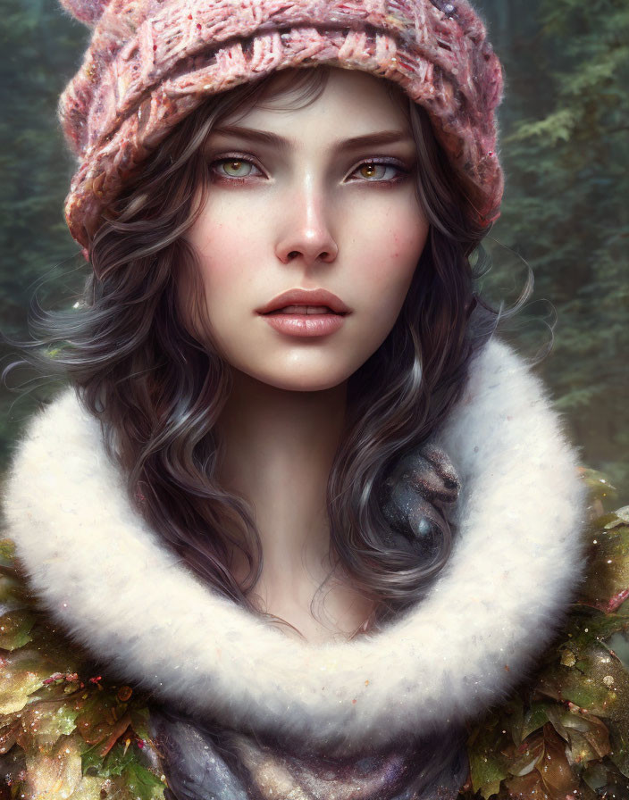 Young woman with wavy hair and amber eyes in knit hat and fur-lined coat against forest backdrop