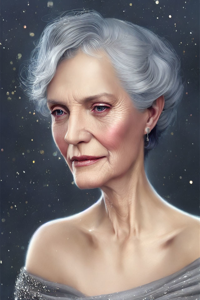 Elegant elderly woman with grey hair in starry setting