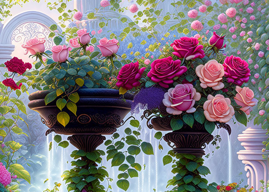 Vibrant pink and purple roses in lush garden setting