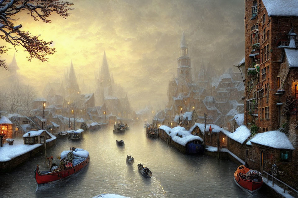 Snow-covered European-style village with boats on river at sunset