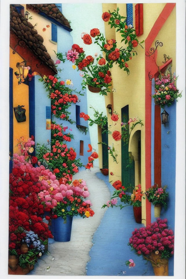 Vibrant alley with cobblestone path and colorful houses surrounded by flowers