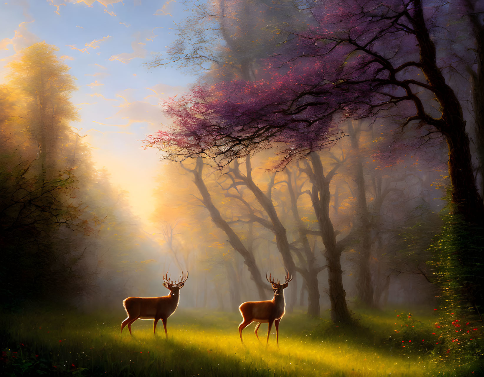 Misty forest scene with deer, pink tree, and red flowers