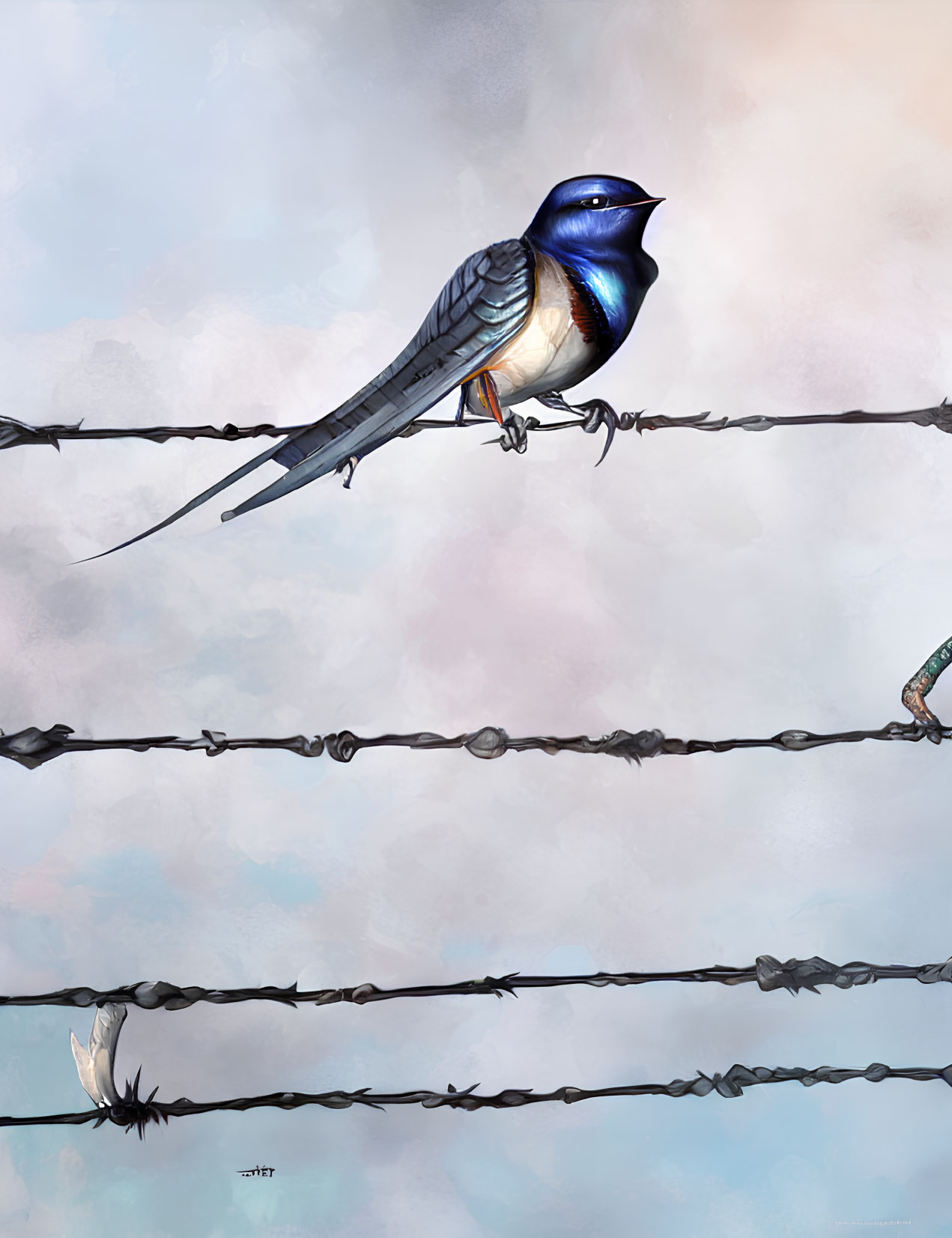 Colorful Bird on Barbed Wire with Falling Feather and Human Hand Illustration