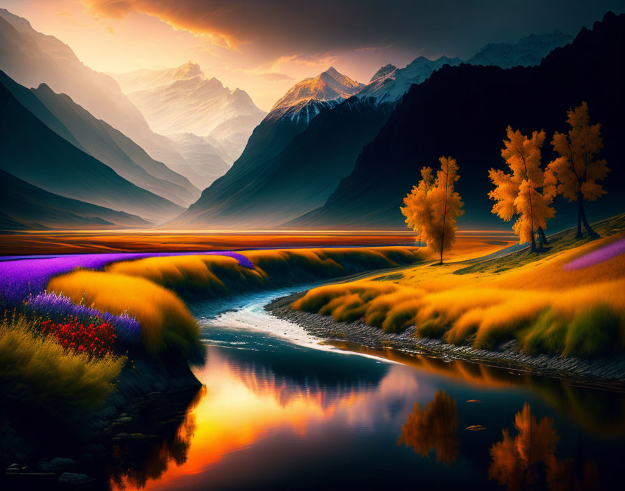 Serene river in vibrant autumn landscape with glowing golden grass