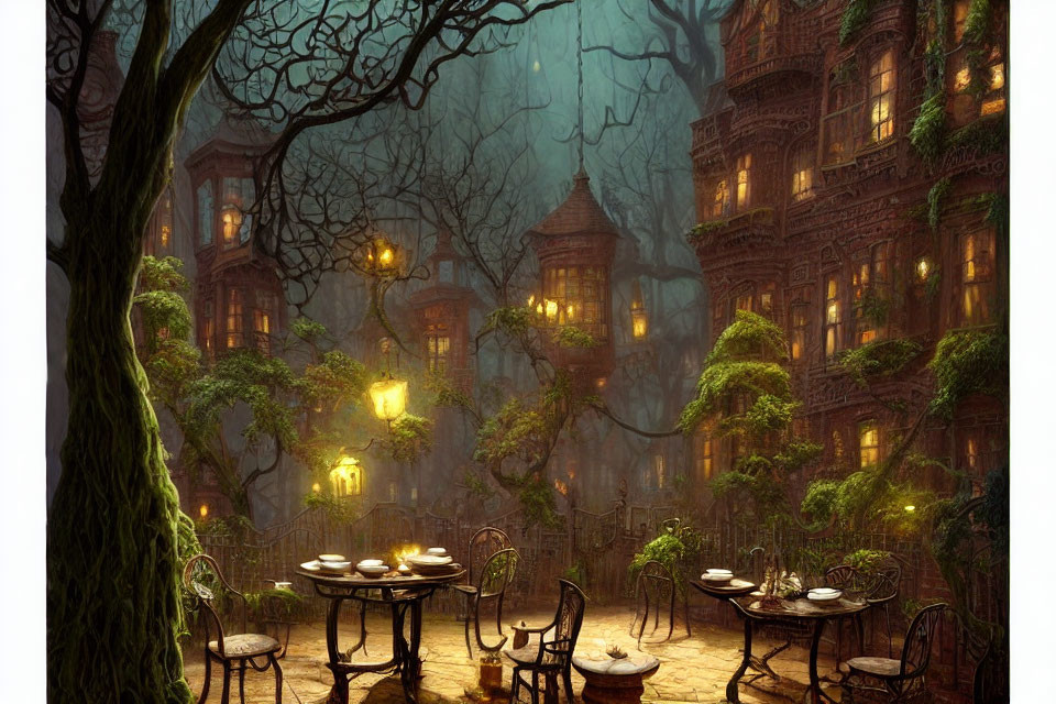 Enchanting illuminated treehouse in twilight forest dine setting