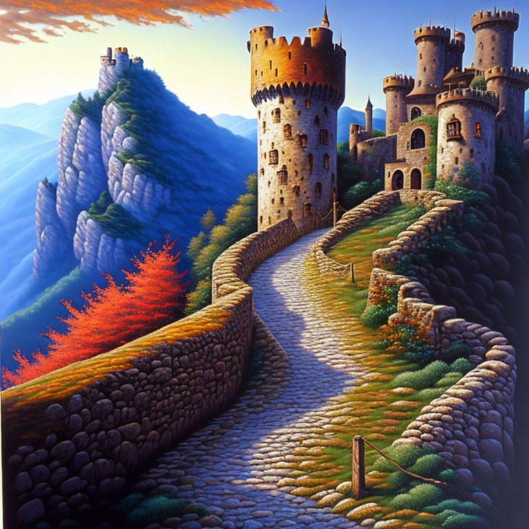 Majestic castle on steep cliffs with cobblestone path & autumn trees