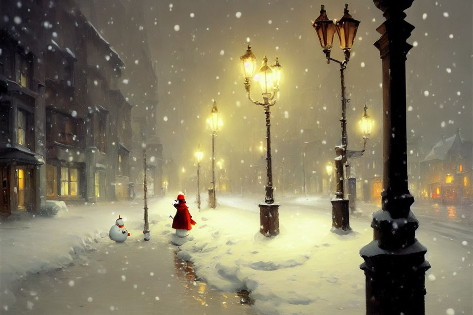 Child in Red Coat with Snowman on Snowy Street at Night