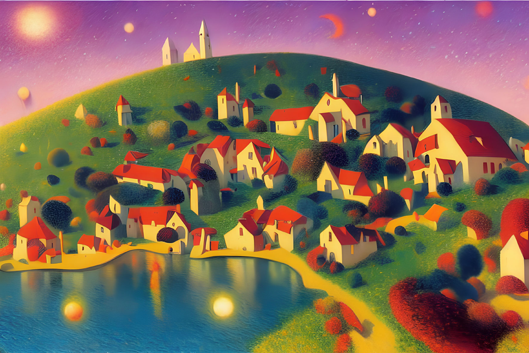 Vibrant illustration of a serene village at twilight