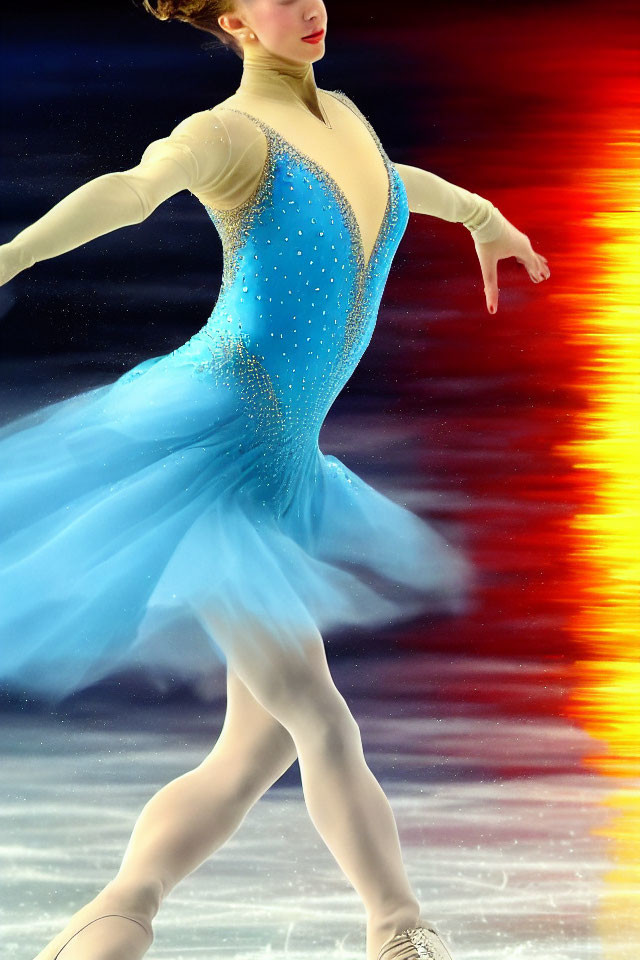 Figure Skater in Blue Rhinestone Costume Performing on Colorful Ice Backdrop