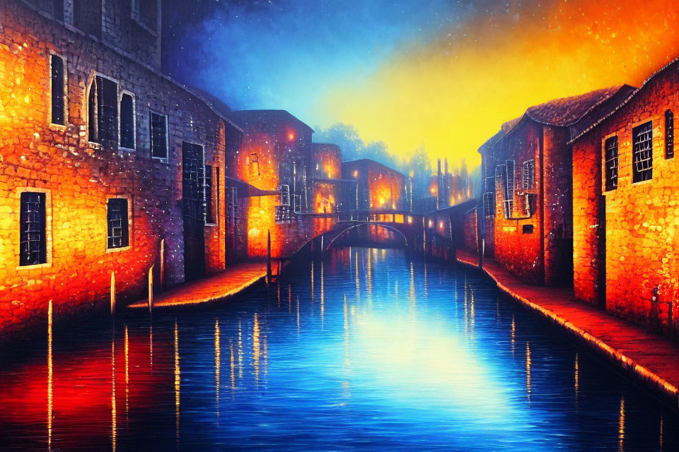 Vibrant Nighttime Canal Scene with Historic Buildings and Starry Sky