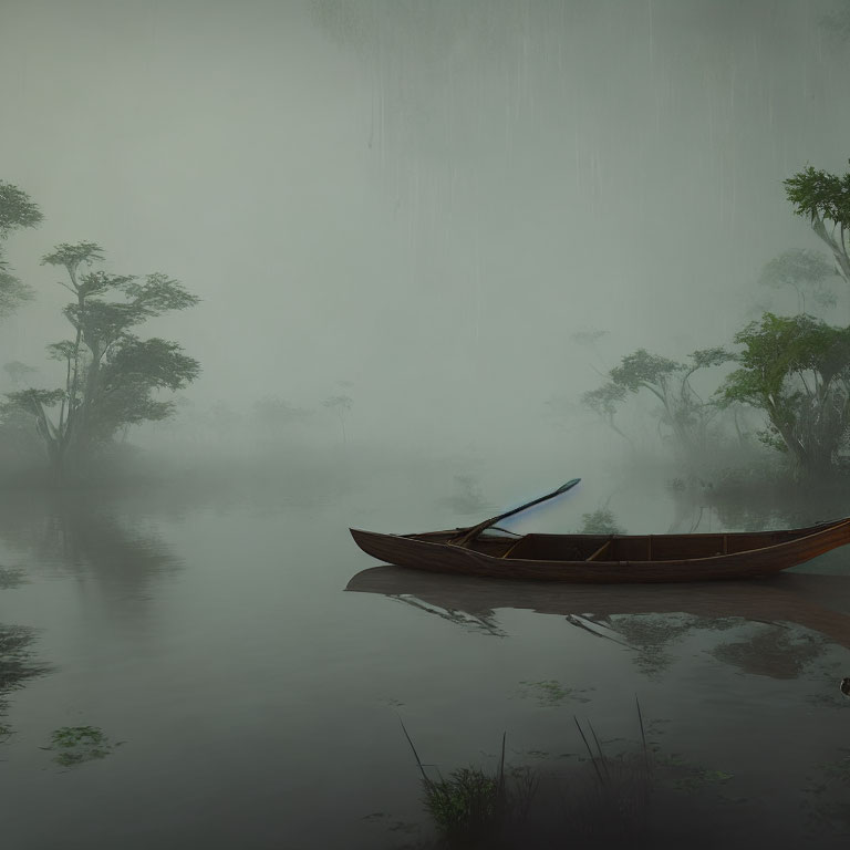 Tranquil mist-covered water scene with wooden canoe and trees