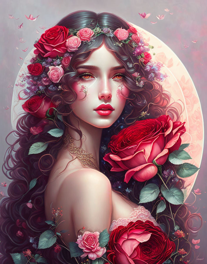 Illustrated portrait of woman with long curly hair and roses on soft pink background