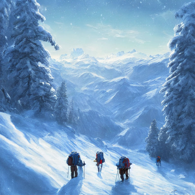 Snowy mountain landscape with hikers and snow-covered trees.