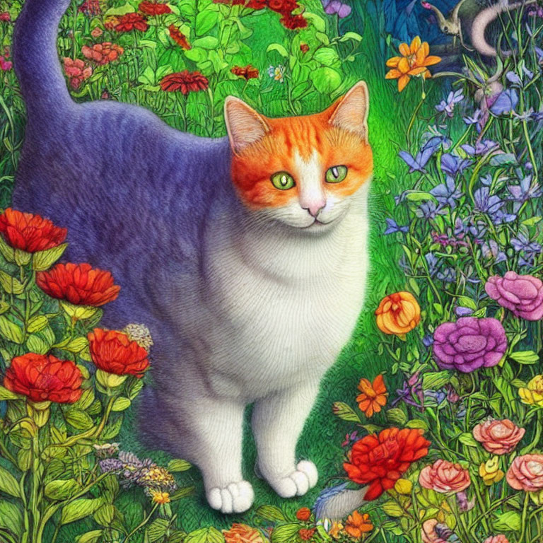 White and Ginger Cat in Vibrant Garden with Colorful Flowers