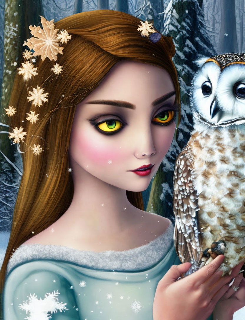 Digital illustration of woman with green eyes, auburn hair, holding owl in snowy forest.