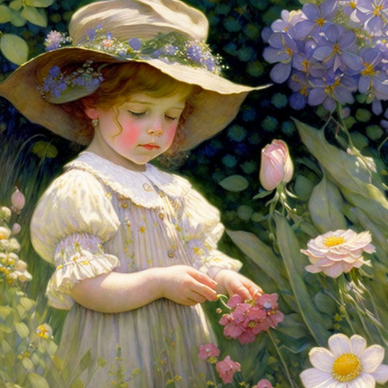 Young girl in wide-brimmed hat with flowers, lush greenery.