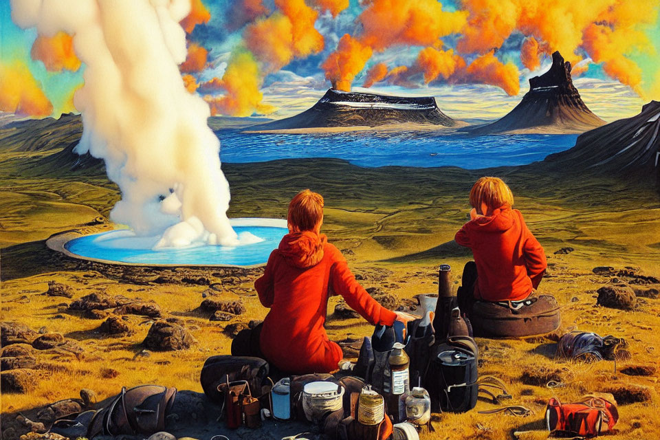 Two people in red jackets watching volcanic eruption with colorful smoke and geyser in clear sky