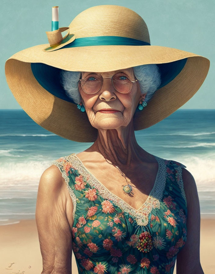 Stylish elderly woman in wide-brim sun hat and floral dress by the beach