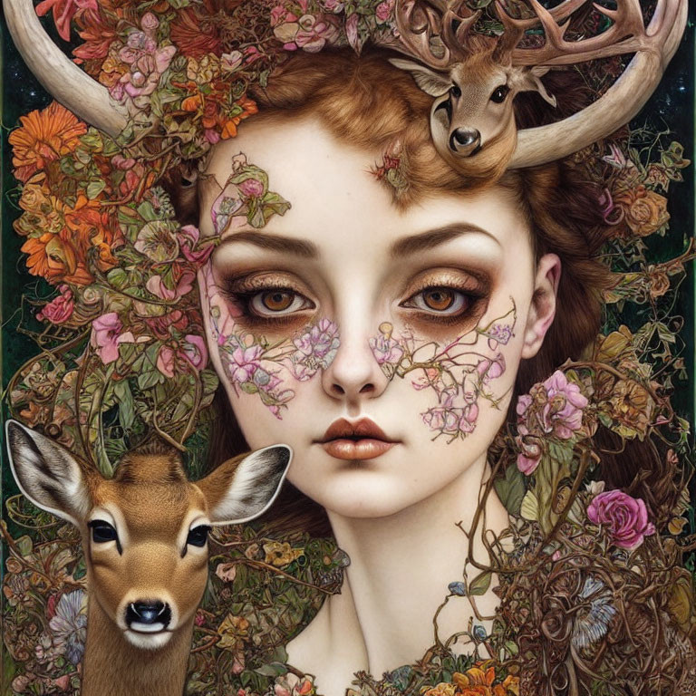 Woman with floral face paint, deer, and lush foliage in serene setting