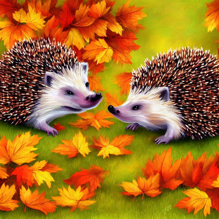 Illustrated hedgehogs on grass with autumn leaves.