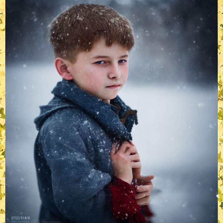 Contemplative young boy in blue jacket and red gloves in snowfall