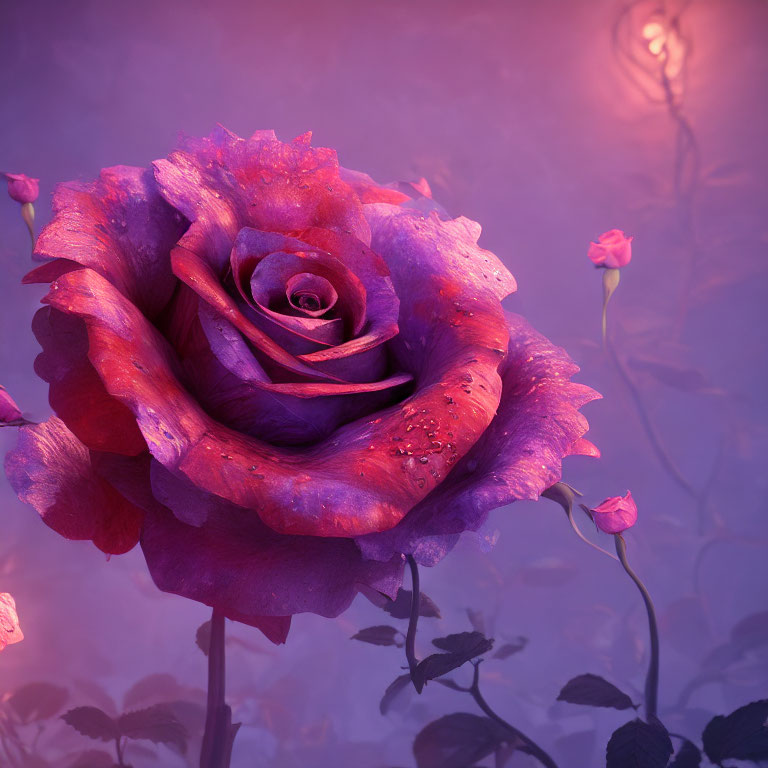 Vivid Purple Rose with Water Droplets in Mystical Purple Ambiance