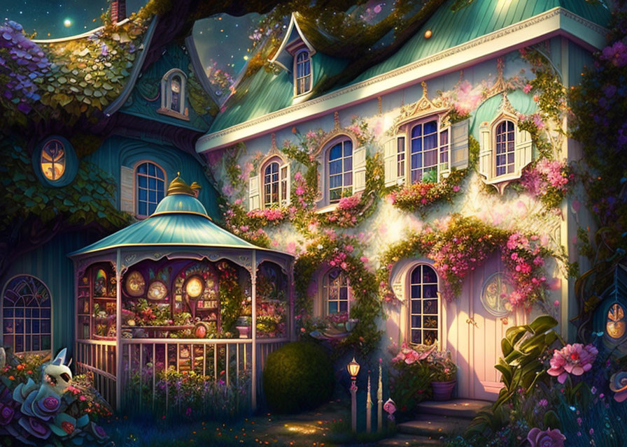 Twilight cottage with pink flowers and whimsical gazebo