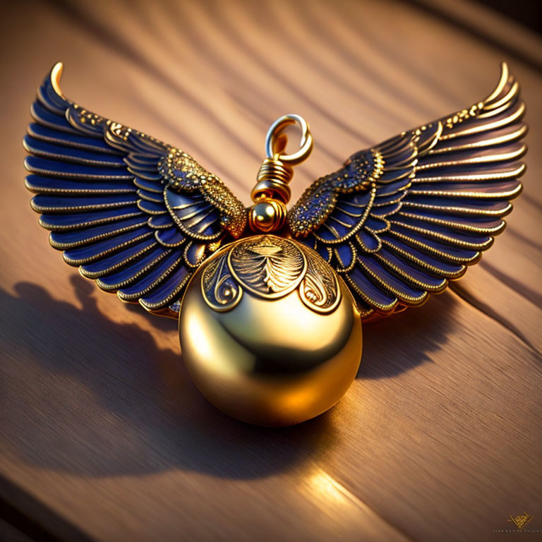 Golden spherical pendant with outstretched wings on wooden surface lit by warm light