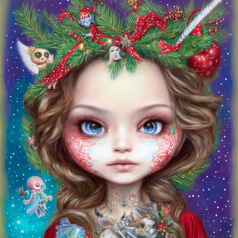 Festive Christmas girl with expressive eyes and face paint in starry setting