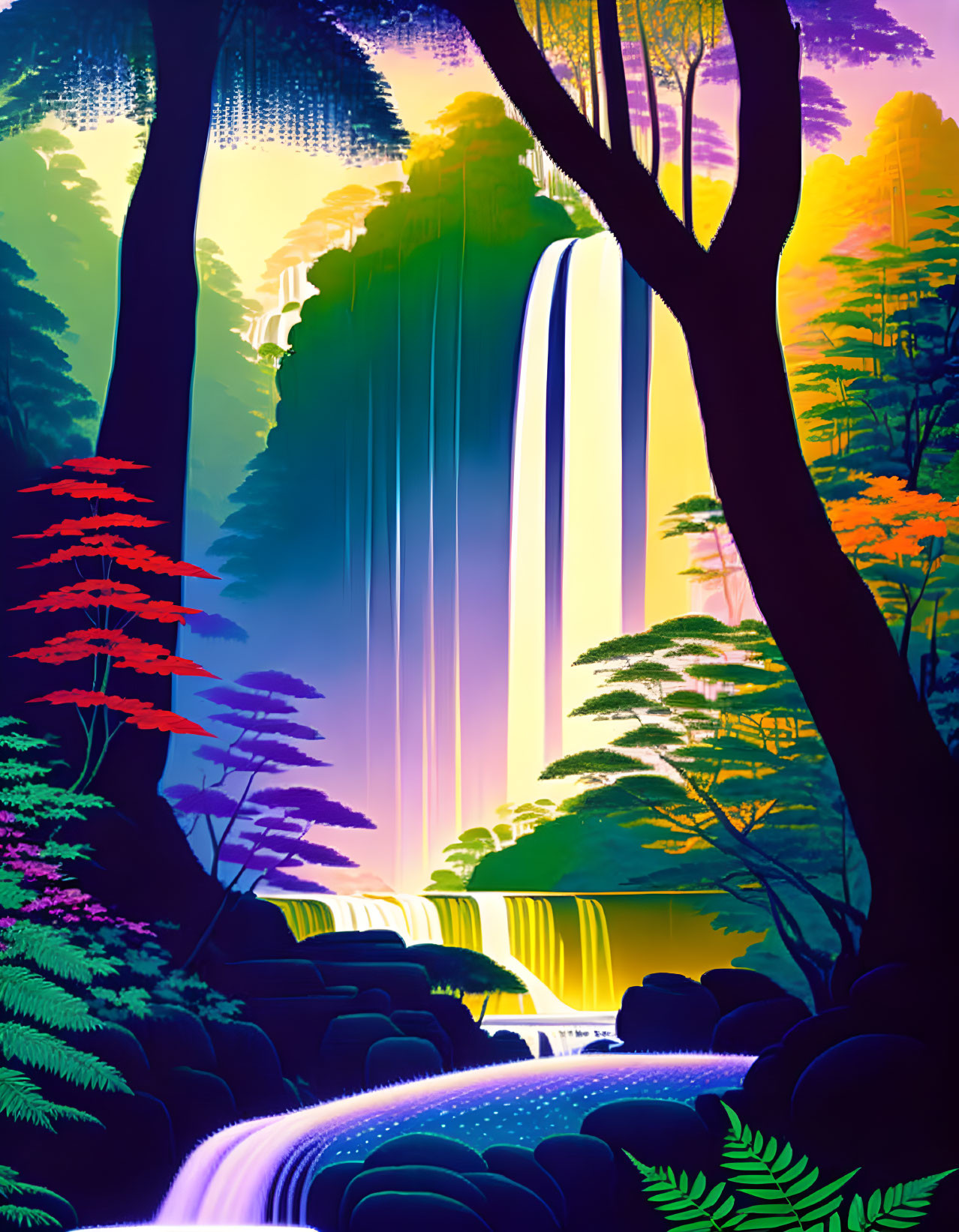 Colorful Stylized Illustration of Cascading Waterfall in Lush Forest