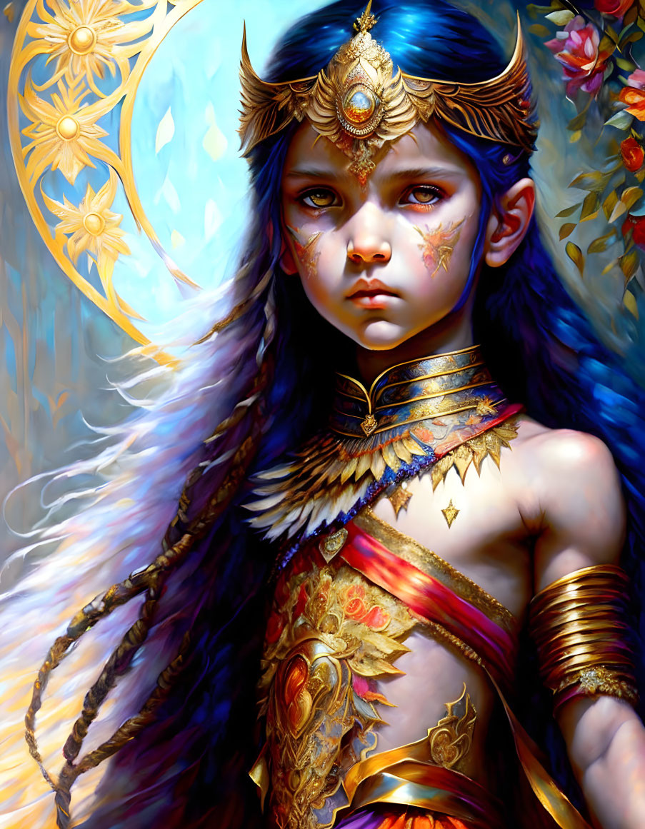 Fantasy female warrior with blue face paint and golden armor in floral setting