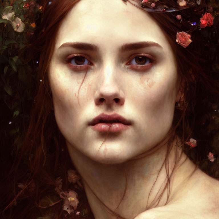 Woman portrait with floral crown and intense brown eyes against leafy background