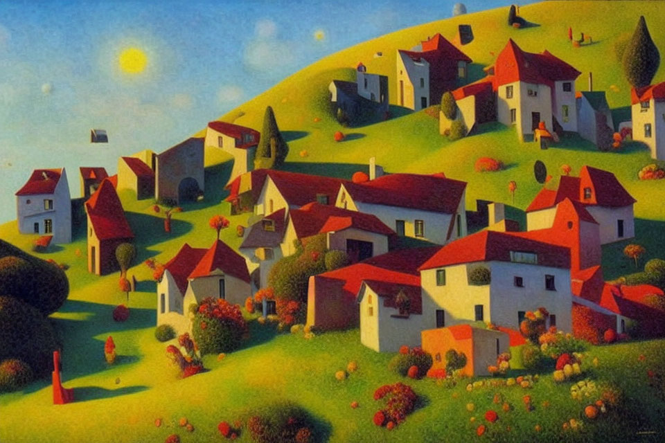 Charming hilly landscape with white houses and red roofs under sunny sky