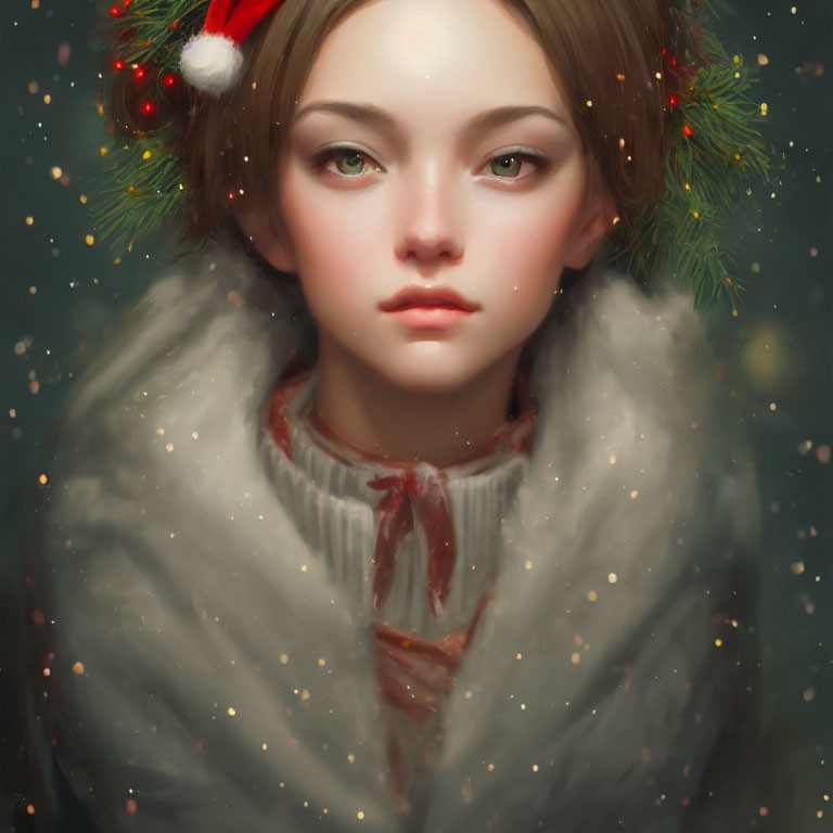 Digital art portrait of young person with holiday headband and green eyes in fluffy coat with snowflakes