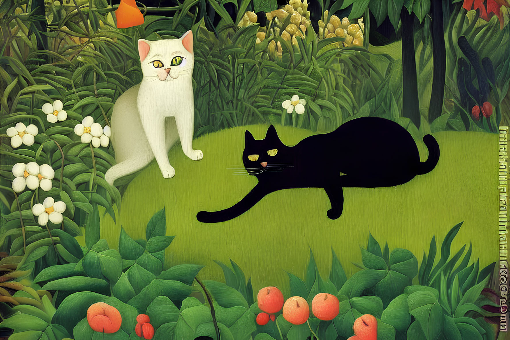 Digital Artwork: White Cat Standing, Black Cat Stretching on Colorful Floral Background