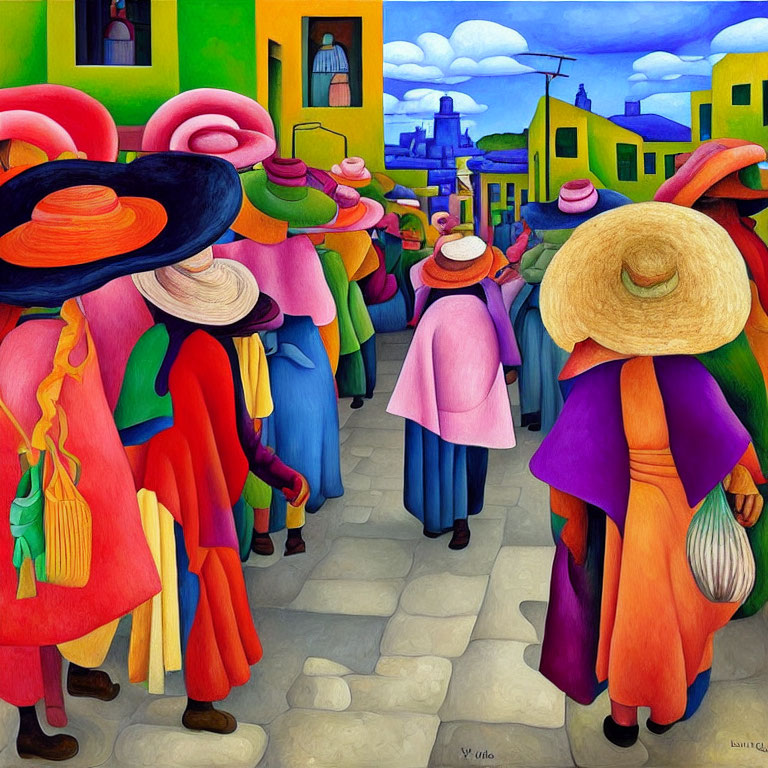 Vibrant painting of faceless figures in traditional outfits walking through village street