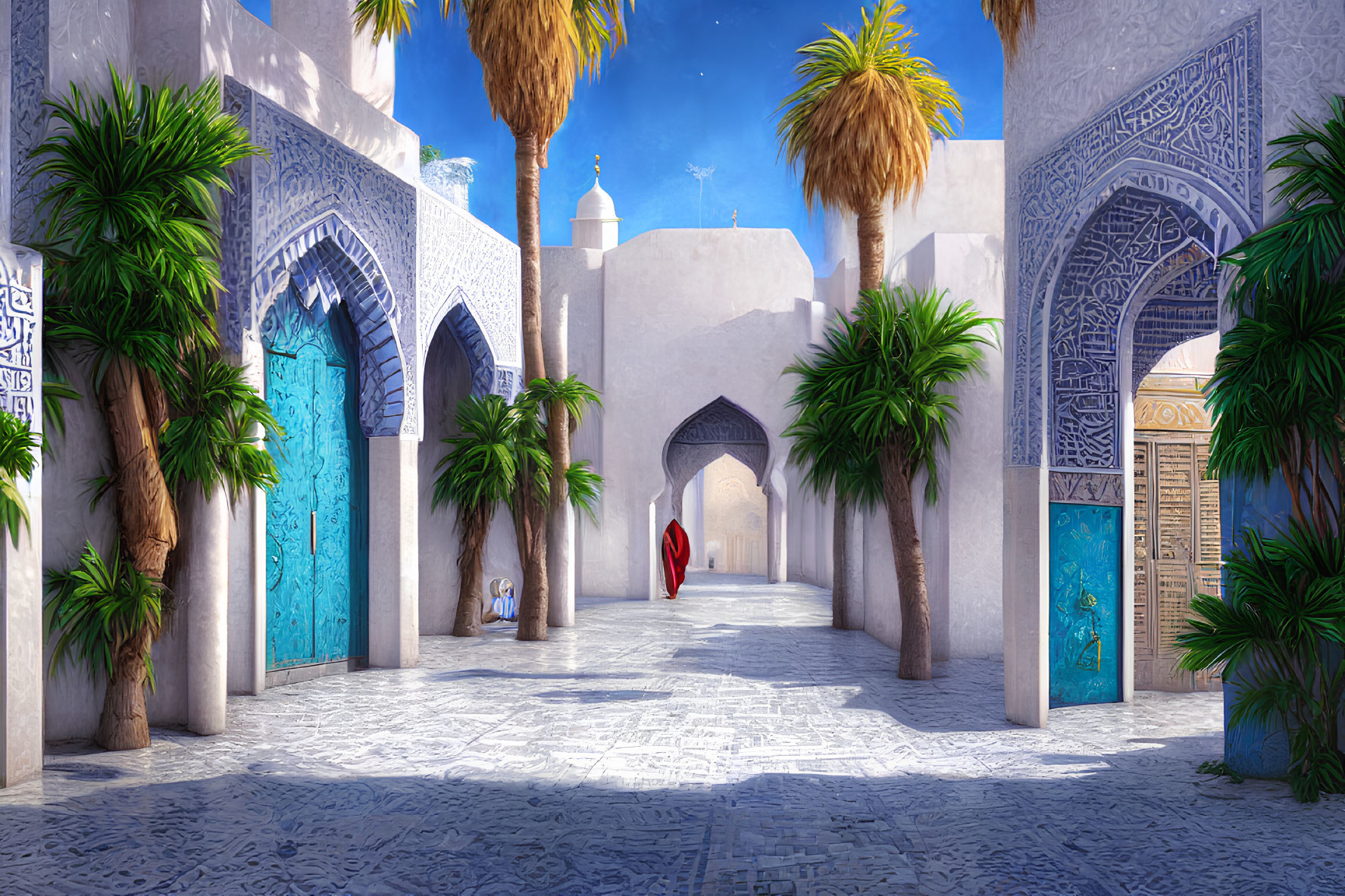 Traditional Alley with Blue Doors, Arabic Arches, Palm Trees, and Figure in Red