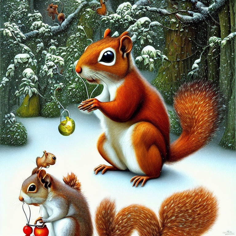 Three squirrels in snowy scene with yellow ornament and cherries