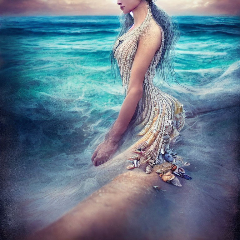 Long-haired person in shell-adorned dress by ocean shore at twilight