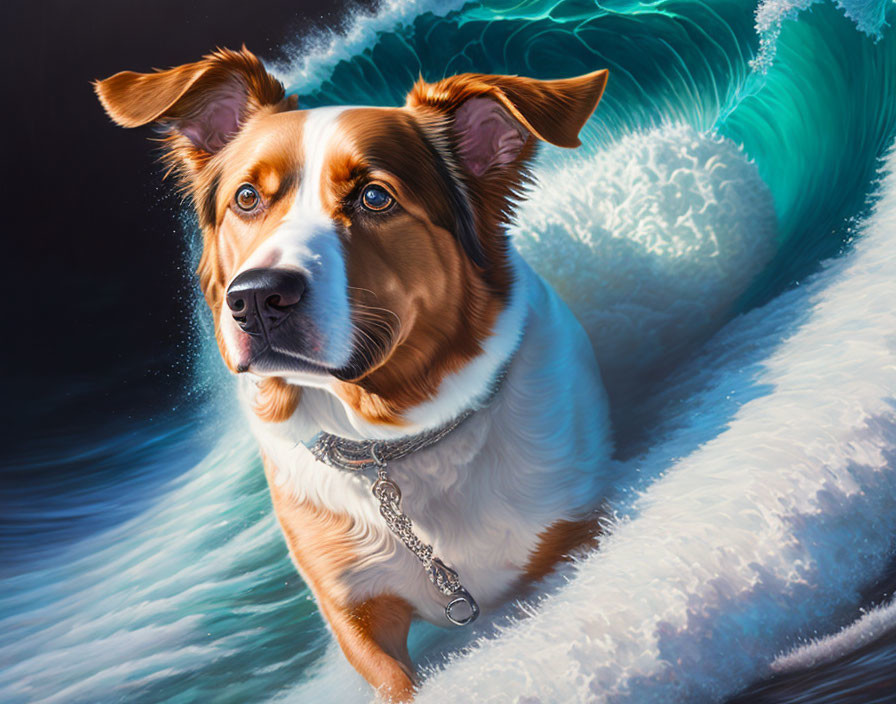 Brown and White Dog Surrounded by Turquoise Waves and Piercing Eyes