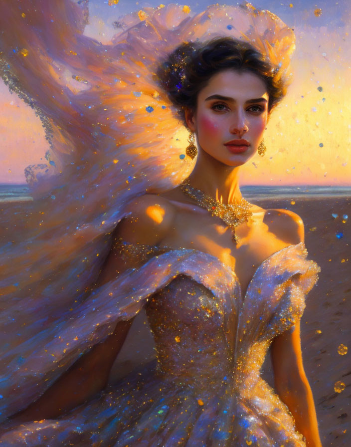 Elegant woman with golden hair in shimmering gown on sunset beach