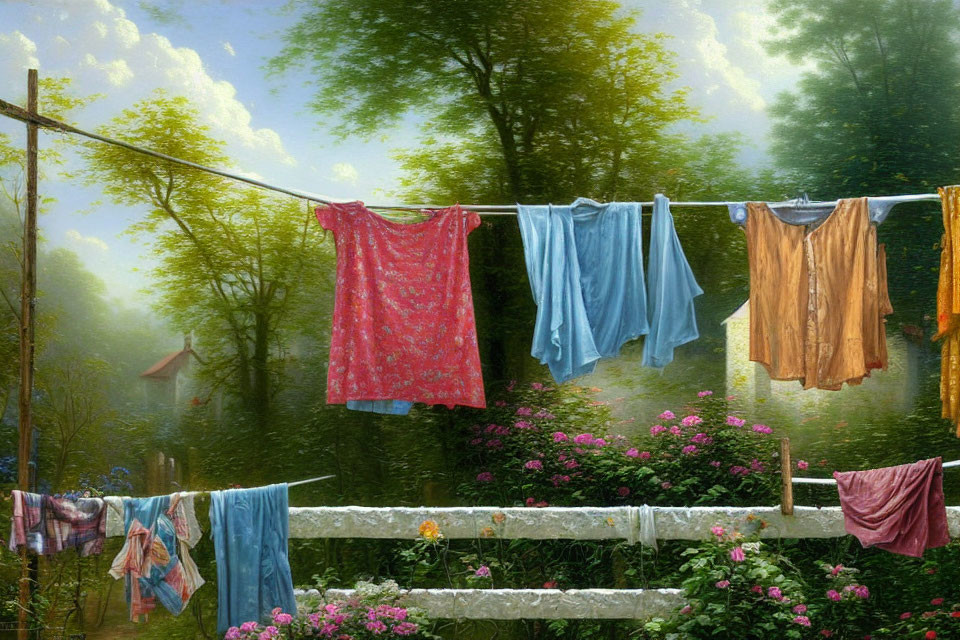 Sunlit garden scene with clothes on line amid lush greenery