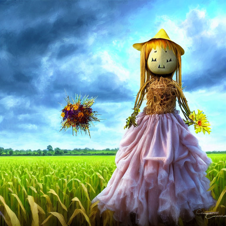 Colorful scarecrow in pink dress and straw hat on green field under blue sky