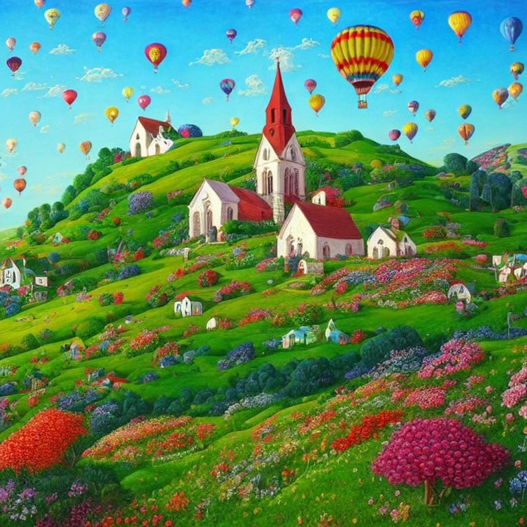 Scenic landscape with church, hills, flowers, and hot air balloons