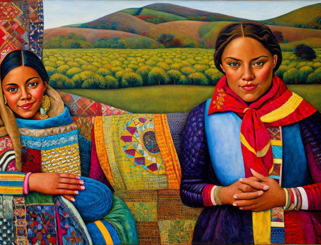 Vibrant painting of two women in traditional attire against quilt-like landscape