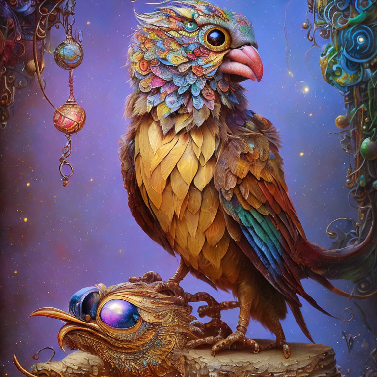 Colorful Fantasy Bird Perched on Ornate Base in Starry Background